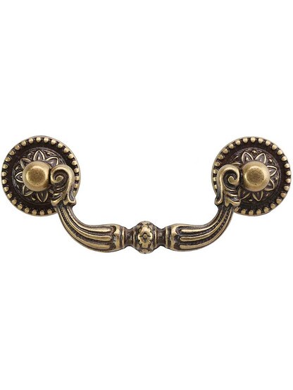 Beaded Flower Post Bail Pull - 2.52 inch Center-to-Center in Antique Brass Dark.